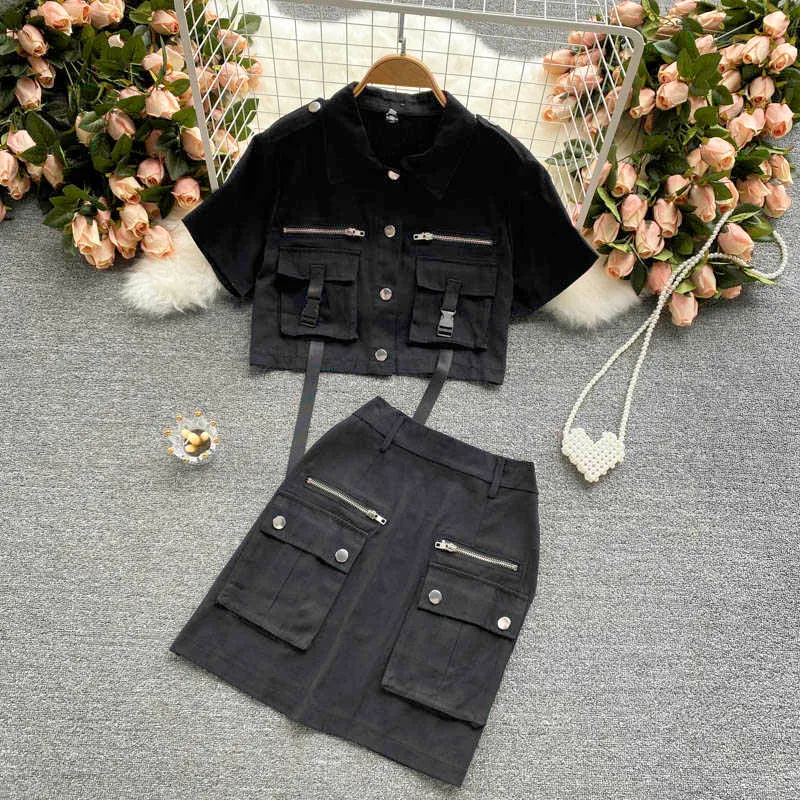 Frauen Mode Sommer Chic Kurzarm Einreiher Shirts Tops + Retro Große Taschen Röcke Zwei Stück Sets S711 210527