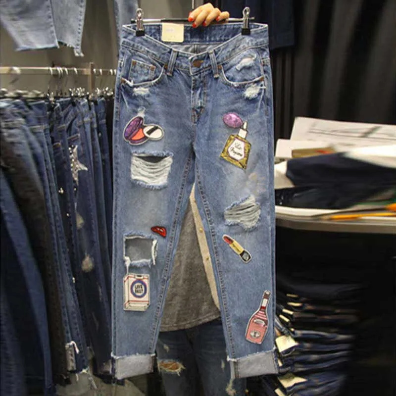 Stokta Kore tarzı sonbahar moda kadın pullu delik denim pantolon kızlar öğrenciler streetwear pantolon kot a3542 210629