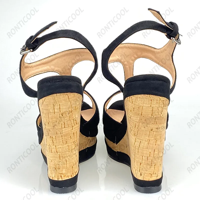 Rontic 2021 El Yapımı Kadın T-SHRAP Platformu Sandalet Seksi Toka Takozlar Topuklu Toe Açık Zarif Siyah Rahat Ayakkabılar ABD Boyutu 5-20