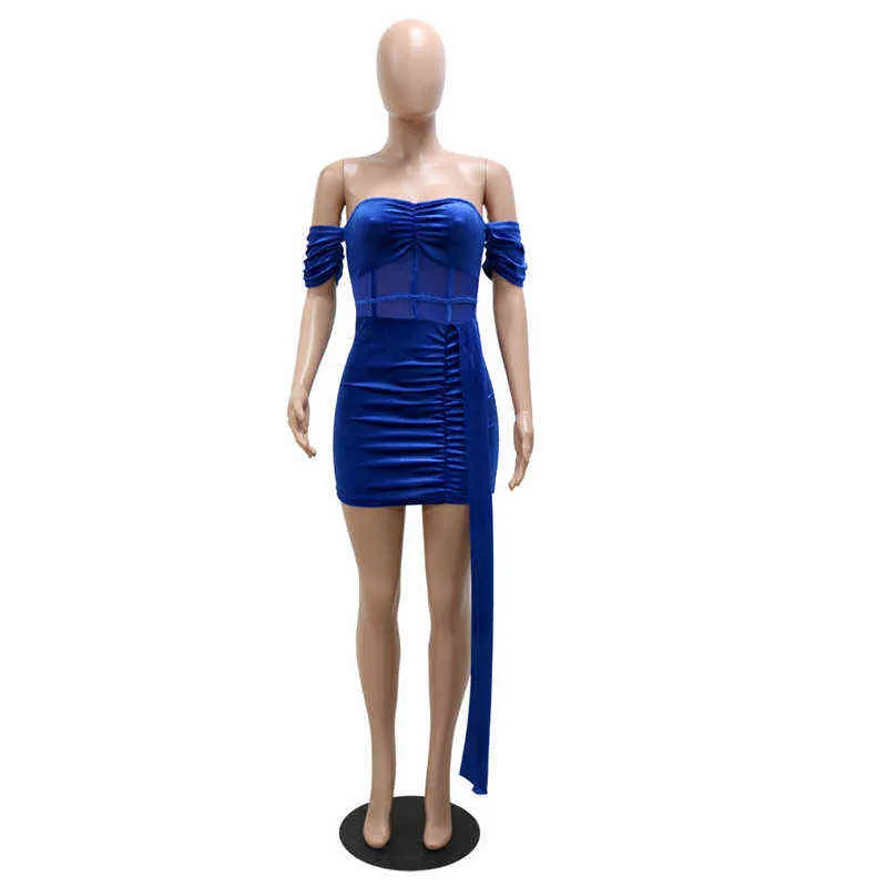 Bonnie Forest Elegante Royal Blue Malha de Veludo Corset Long Strap Mini Dress Dress Womens Ruched Veludo Vestidos Chirstmas Outifts Y220214