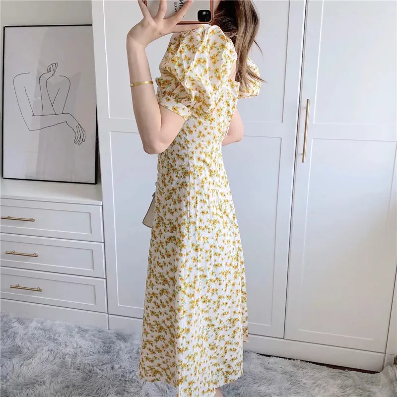 Robe Jaune Floral Midi Femmes Été Mode Bouton Noeud Cottagecore Manches Courtes Bouffantes Longue Femme es 210519