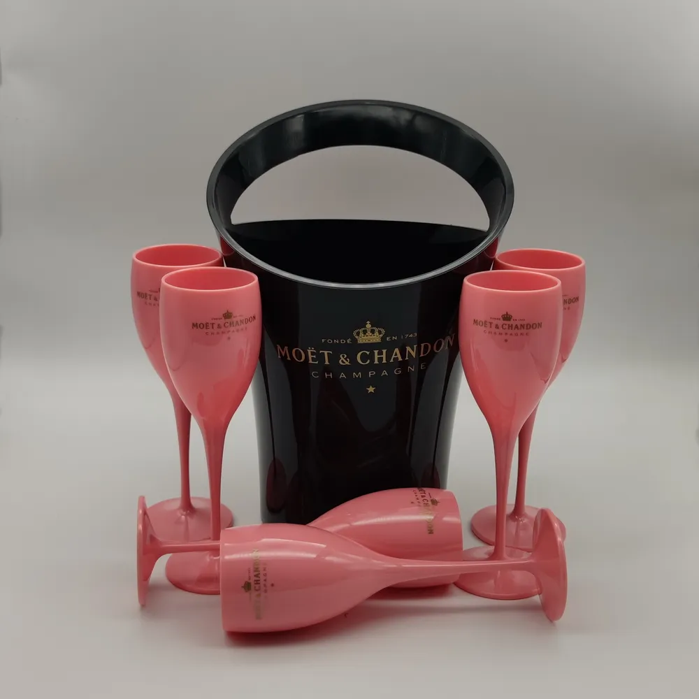 Moet Chandon schwarzer Eiskübel und rosa Weinglas, Acrylkelche, Champagnergläser, Hochzeit, Bar, Party, Flaschenkühler, 3000 ml, 255 °C