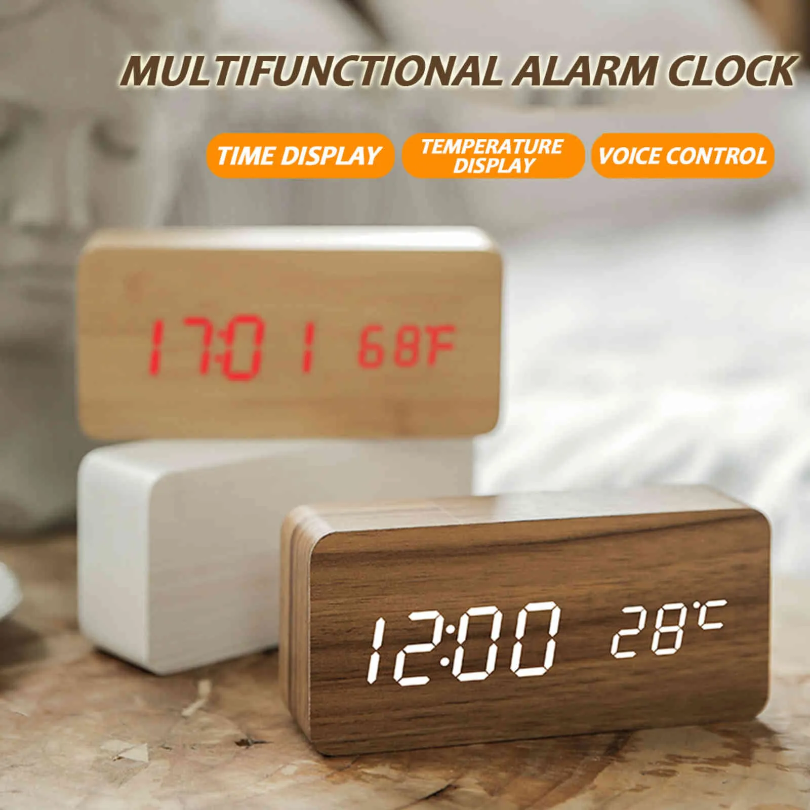 Reloj despertador LED, Control de sonido Multicolor, relojes cuadrados de madera para escritorio, termómetro Digital, pantalla de fecha USB/AAA de madera