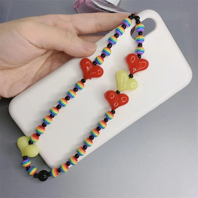 Keychains Rainbow Beads Heart Telefonkedja Vintage Harajuku Etniska charms modetillbehör 90S Estetik Y2K282I