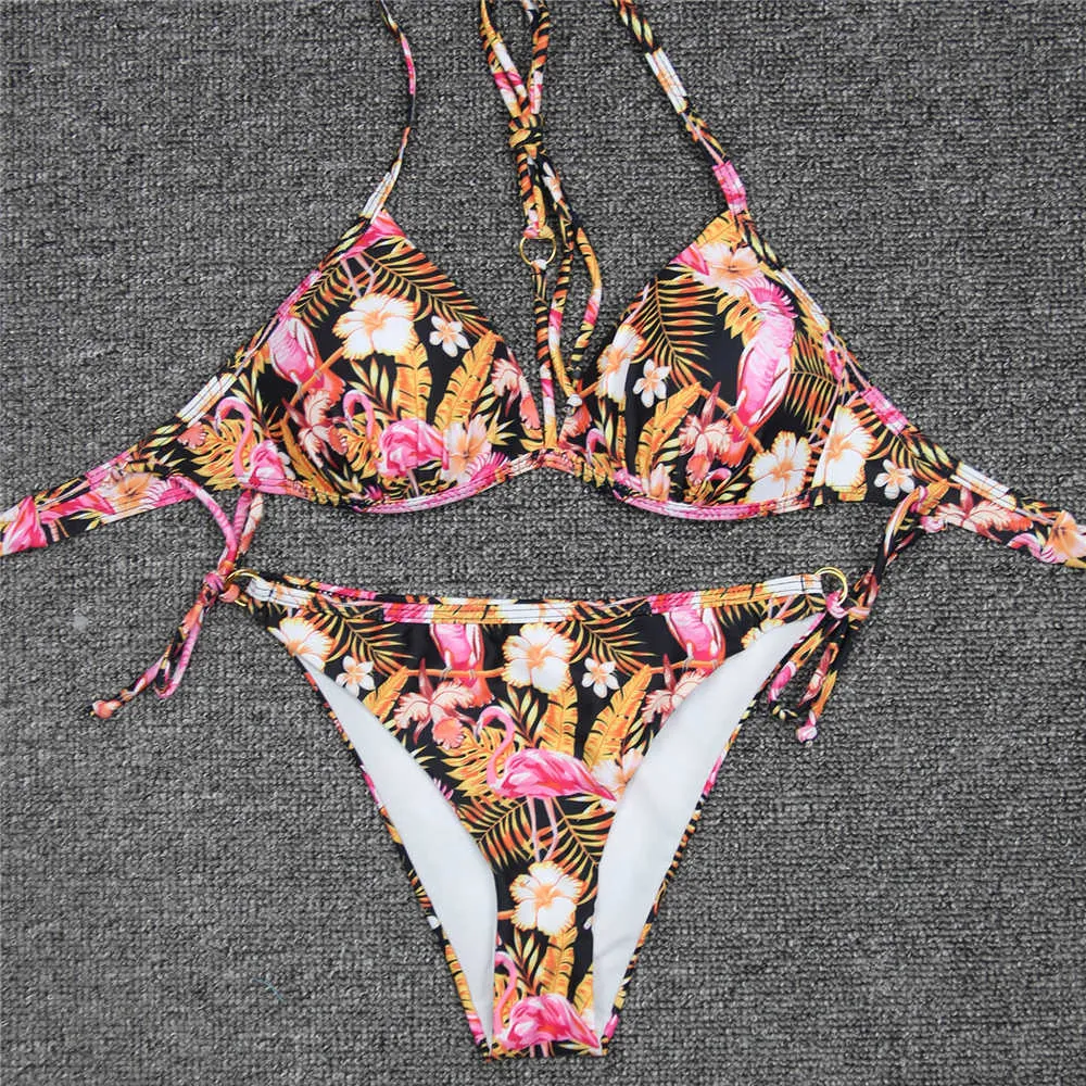 여성 Flamingo Bikinis 두 조각 수영복 수영복 섹시한 여름 해변 수영복 삼각형 플러스 크기 비키니 세트 210621