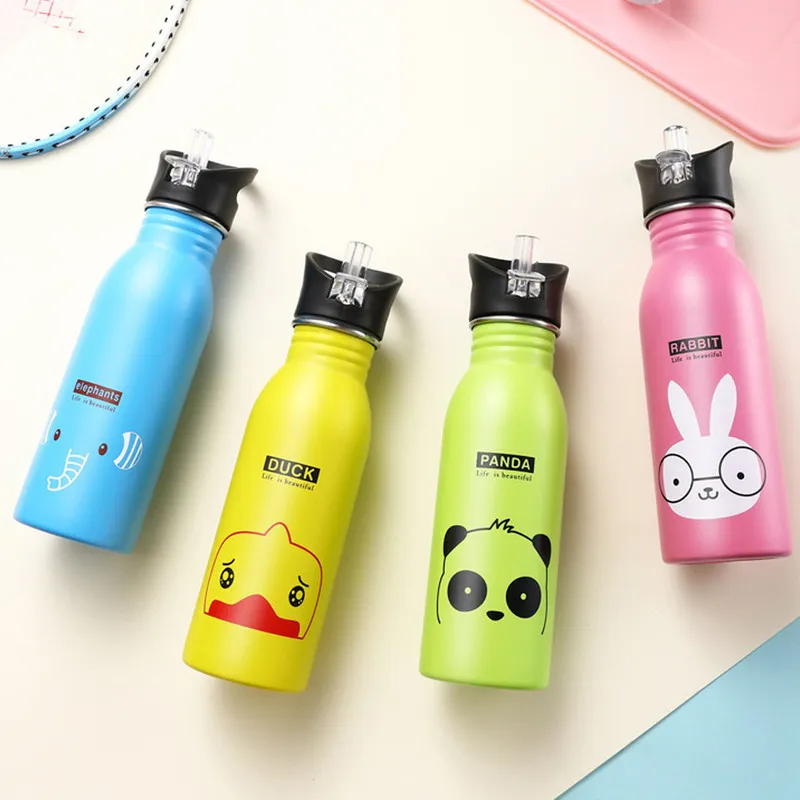 Cute Children Water Bottle Portable Outdoor Stainless Steel s Animal Pattern Cup Cold Drink with Straw 220217