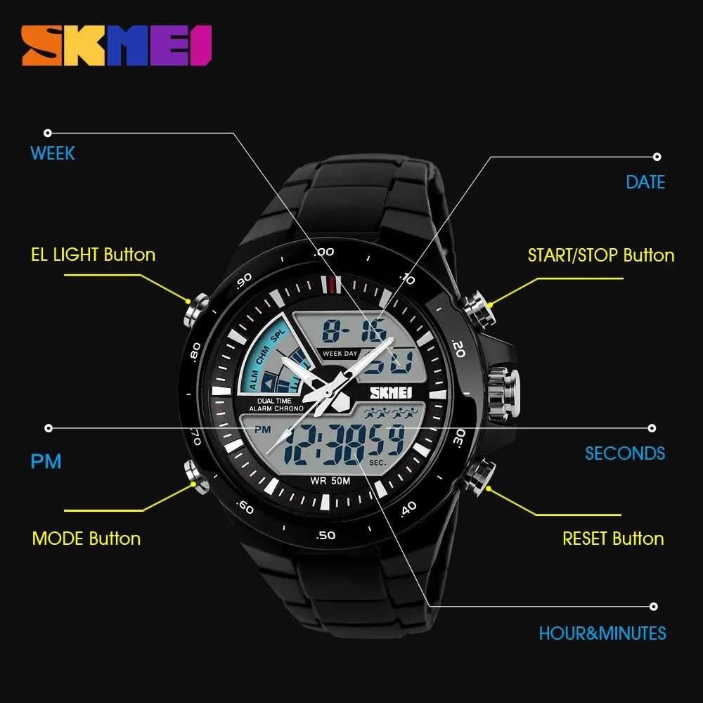 Skmei Sport Watch Men Army Dive Castive Alarm Cloam Analog Analog Waterfroof Military Chrono Dual Displa