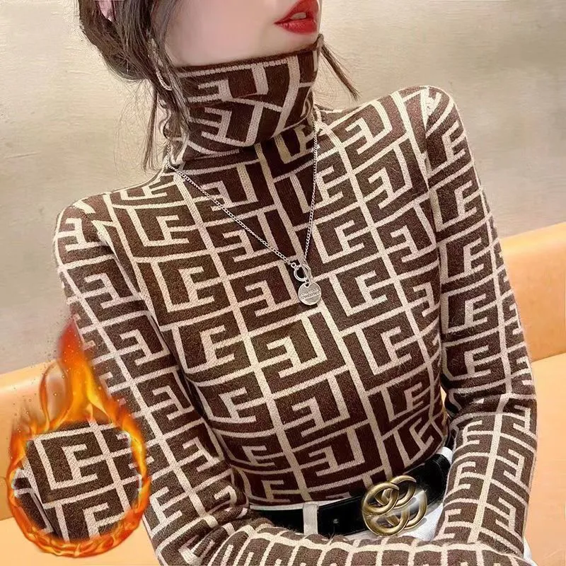 Zimowy koreański styl zagęścić ciepły T-Shirt z golfem damski dwustronny aksamitny miękki najniższy top moda Plaid koszulki z długimi rękawami 220307