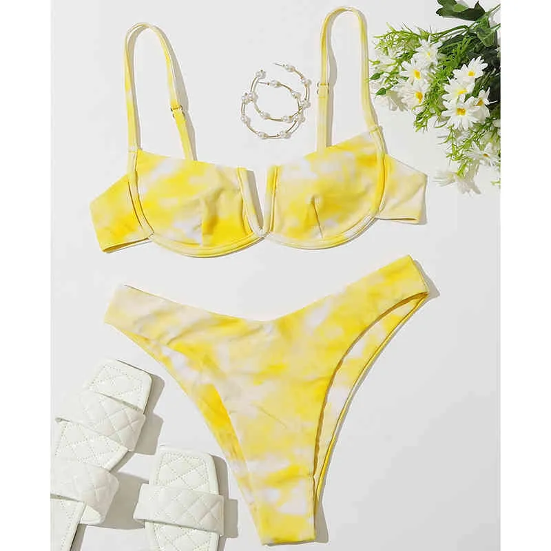 MYTENG Tie-Dye 2-teiliges Set Bikini V-Ausschnitt Badeanzug für Frauen Low Waist Push Up Badeanzug Bügel Bademode Tanga Biquini 210522
