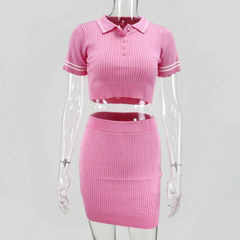 Colysmo Ribbed Stickad Mini Skirt Två Piece Set Kvinnor Kortärmad Crop Top Bodycon Kjolar Blå Sommarkläder 2 210527