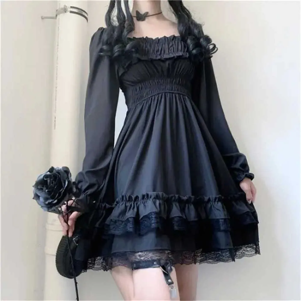 Japansk lolita plus storlek 4xl prinsessan svart miniklänning kvinnor hög midja gotisk klänning puffhylsa spetsar ruffles festklänningar 210619