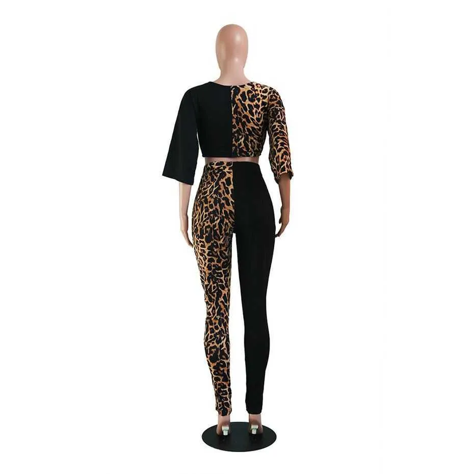 HAOYUAN Zweiteiliges Set Trainingsanzug Frauen Festival Kleidung Leopard Crop Top und Hose Trainingsanzüge 2 Stück Passende Sets Herbst Outfits Y0719