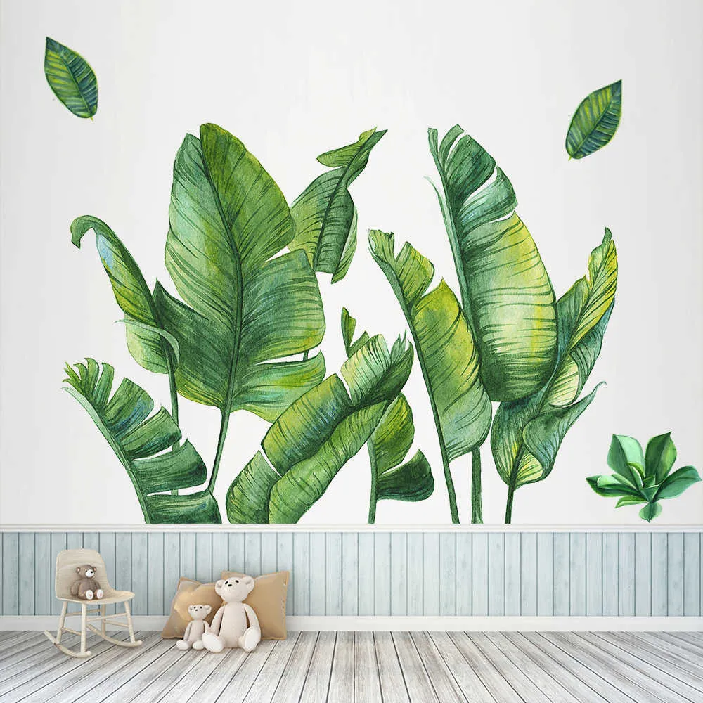 Nordic verde folha planta adesivo de parede praia palm tropical folhas diy adesivos para casa decoração sala de estar cozinha 211025