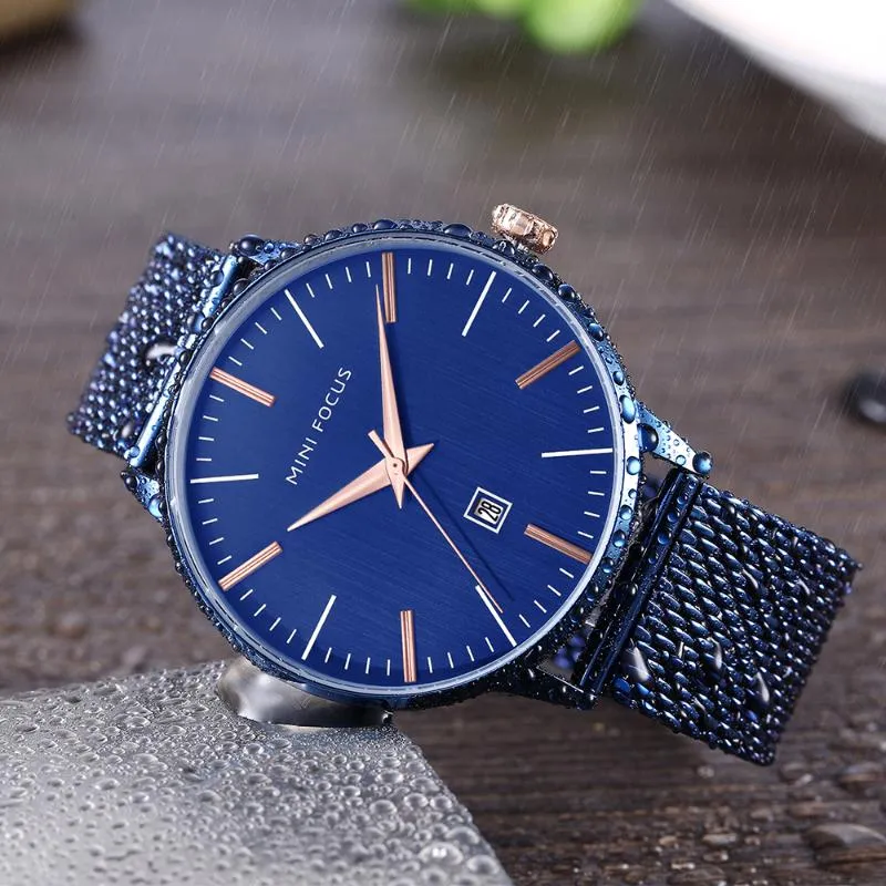 Toppmän tittar på Blue Strap Waterproof Date Quartz Watch Man Full Steel Dess Wrist Clock Man Waches Wristwatches277z