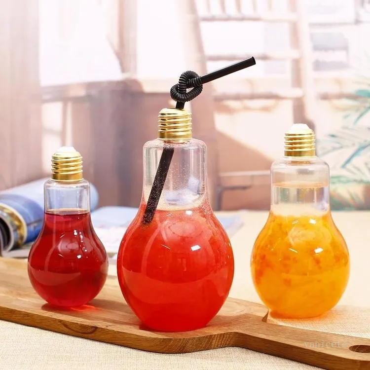 LED Light Bulb Water Bottles Plastic Milk Juice Water Bottle Disposable Leak-proof Drink Cup With Lid Creative Drinkware By Sea T2I52150