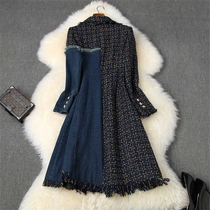 Runway Fashion Winter Tweed Woolen Jackor och Coats Kvinnor Denim Patchwork Plaid Vintage Long Ull Blend Overcoat Ytterkläder 210601