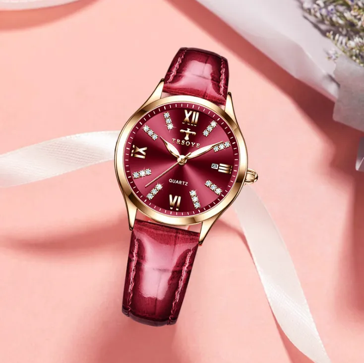 TRSOYE брендовые женские часы с винно-красным циферблатом, дышащий кожаный ремешок, женские часы со светящейся функцией, модные наручные часы2665
