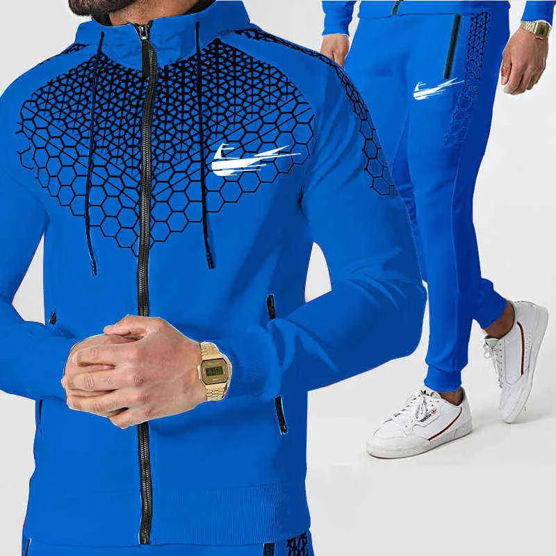 2021 nya män sätter hoodies + byxa skarv dragkedja märke kläder mode utomhus jogger sport kostym sportkläder för mäns träning g1217