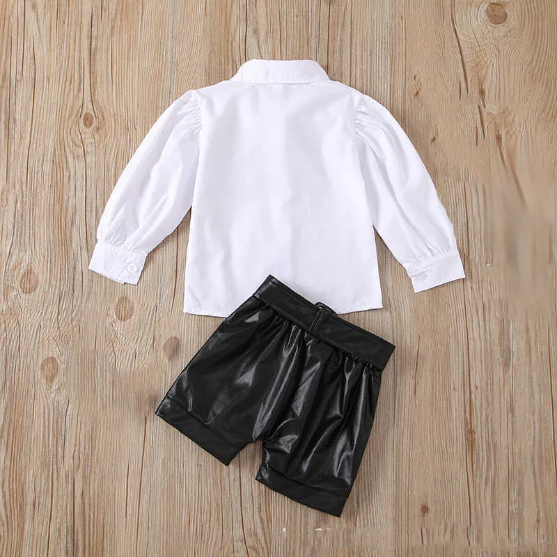 Весна осень белая рубашка + кожаные брюки бантом детские костюмы детская одежда детская девушка одежда 210528