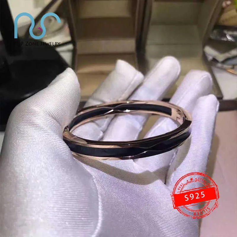 S925 Sterling Silver Zero Bangle Bracelet Brand Luxury Black White Ceramics عارية الحلي المجوهرات الأصلية مع L23124