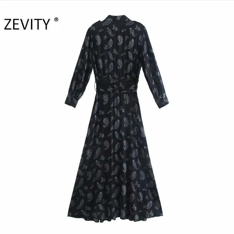 Zevity Kobiety Vintage Neckew Nuts Drukuj Łuk Krawat Sashes Długa Koszula Sukienka Femme Z Długim Rękawem Vestido Chic Casual Slim Sukienki DS4469 210603