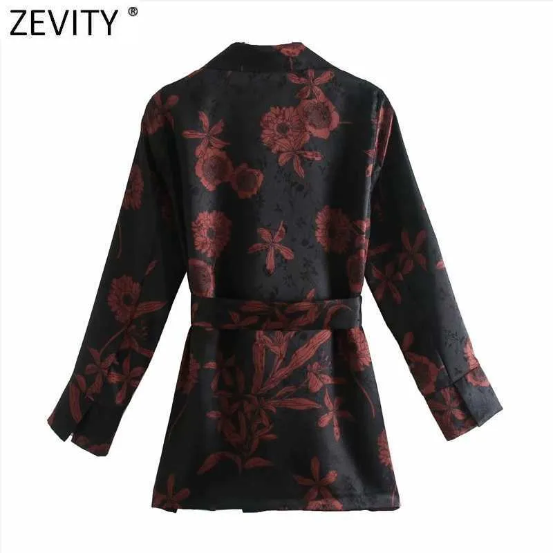 Zevity Kobiety Vintage Kwiat Druku Sashes Smock Bluzyki Biurowe Panie Odwróć Kołnierz Kimono Koszulki Chic Blusas Topy LS7412 210603