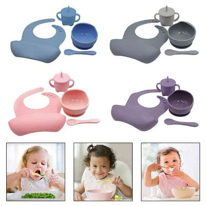 Bavoirs en Silicone pour bébé, bol à ventouse, cuillère, ensemble de tasses en paille, plats d'alimentation d'entraînement, 4 pièces, G1210