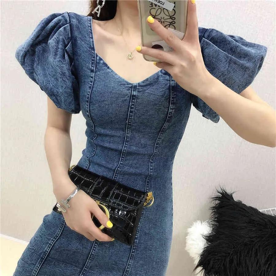 Frauen Denim Kleid Sommer Süße Puff Sleeve Slim Bodycon ES Damen V-ausschnitt Elegante Mini Robe Vestidos Mujer Französisch 210525