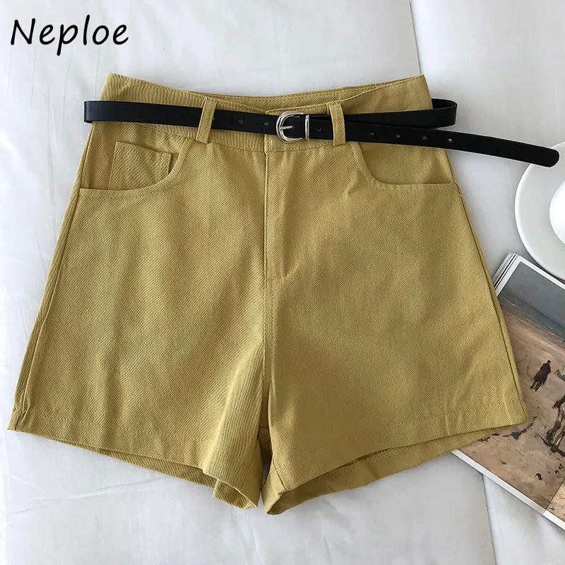 Neploe High Waist Hip Sashes Shorts Women Pocket Design Solid Summer Outwear Shorts Feminino Simple Soft All Match 210510