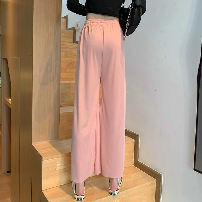 Pants & Capris Solid Thin Loose Elastic High Waist Pink Wide Leg Pant Drawstring Casual Chic Korean Wild Women Clothing Bottom 210610