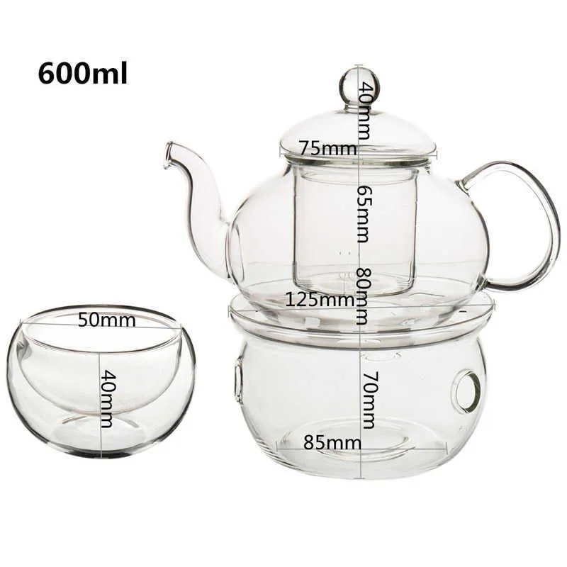 Conjunto de bule de 600ml Conjunto de vidro resistente ao calor com suporte de vela redonda Flor Chinês Kung Fu Pot Ware Gift 210724