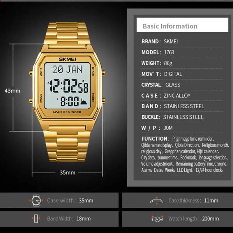 이슬람 Qibla 시계 Skmei Compass Led Men Watch Watches with Prayer Hijri Calenda al Harameen fajr Time Wristwath Wristwatch188p