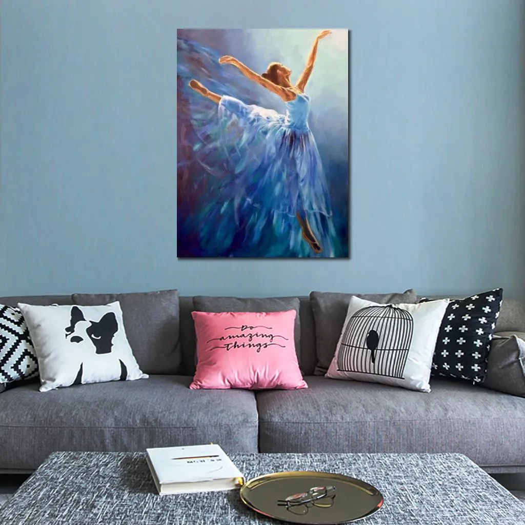 Hand Painted Oil Painting Figure Dancing Ballerina in Blue Abstract Modern Beautiful Canvas Art Woman Artwork Picture for Home Dec310T