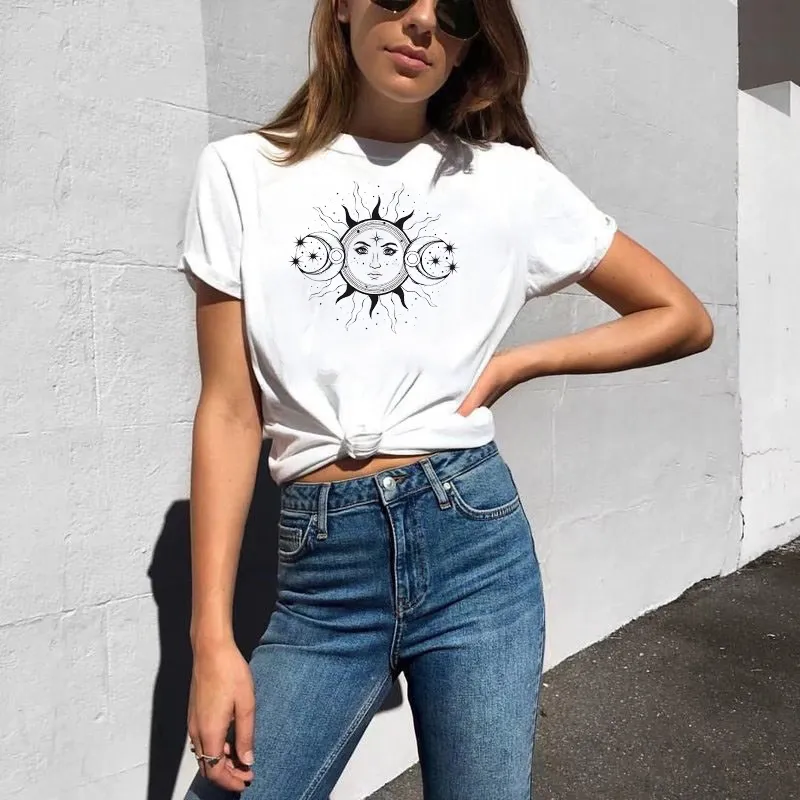 Солнце и луна женщины мода с коротким рукавом солнцем графический тройник случайные смешные напечатанные готические панк футболки вершины 210518