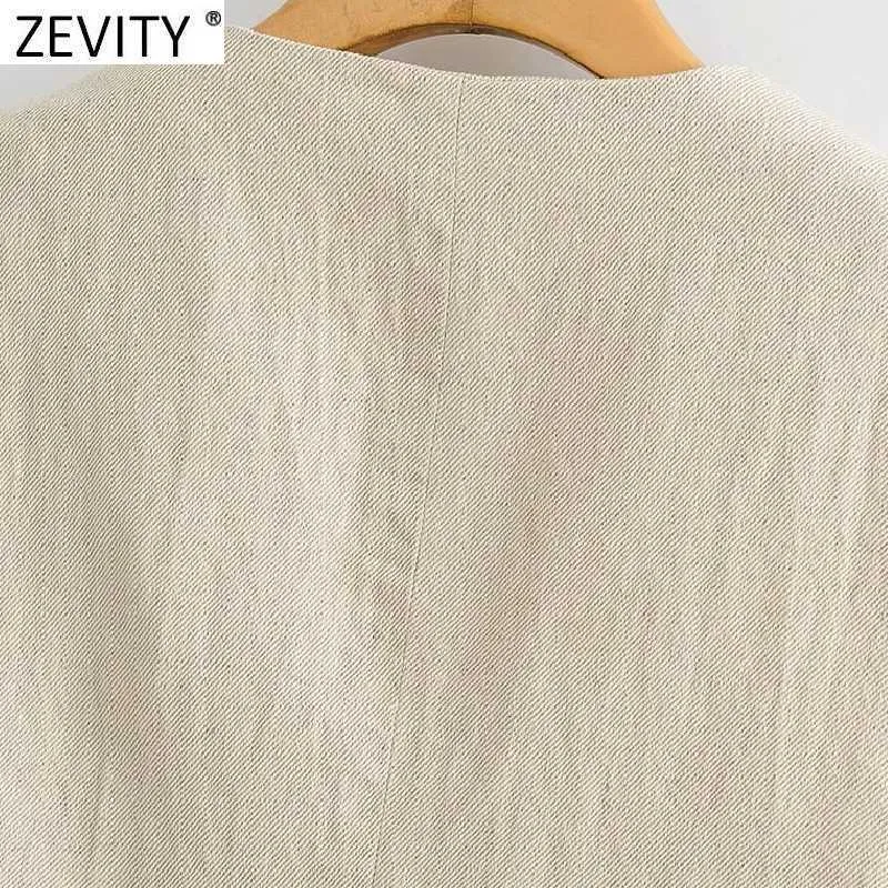 Zevity Donna Vintage Scollo a V Tinta unita Gilet corto in lino Giacca da donna Retro senza maniche Casual Slim Gilet Chic Crop Top CT705 210909