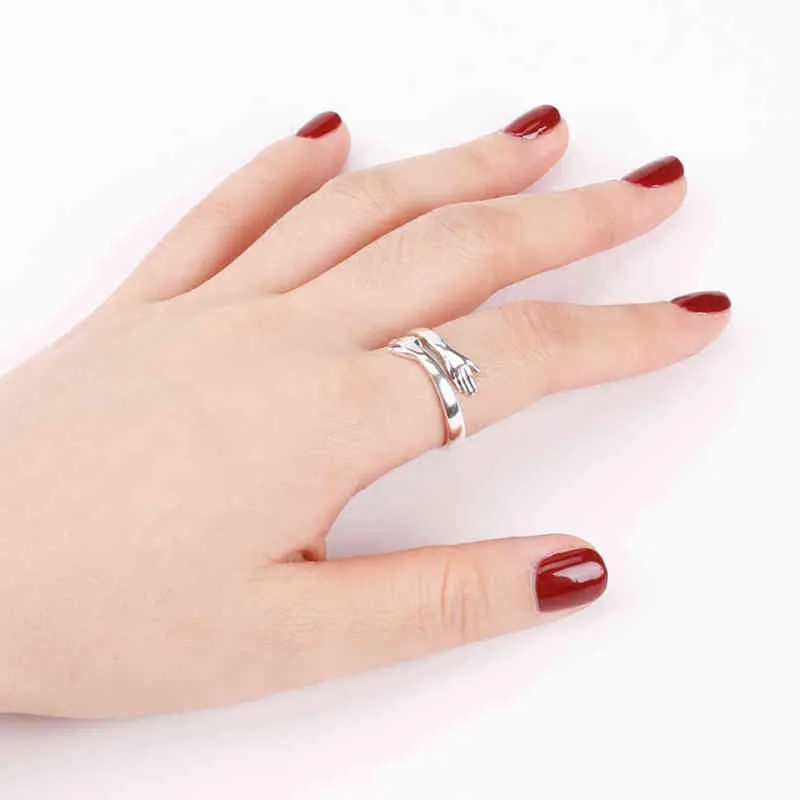 BALMORA 100% 925 Anillo de abrazo de amor de plata esterlina Anillos apilables abiertos para mujeres Amantes de las niñas Declaración retro Joyería de tendencia de moda 211217