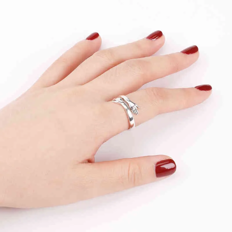 Balmora 100% 925 Sterling Silver Miłość Uścisk Pierścień Otwarty układanie Pierścionki Dla Kobiet Dziewczyny Miłośnicy Retro Oświadczenie Mody Trend Biżuteria 211217