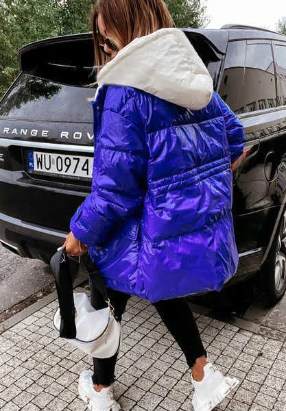 Winter Shiny Hooded Jas Vrouwen Lange Mouw Rits Casual Street Style Bomber Jacket Dikke Warme Parka Bovenkleding Plus Size 210916