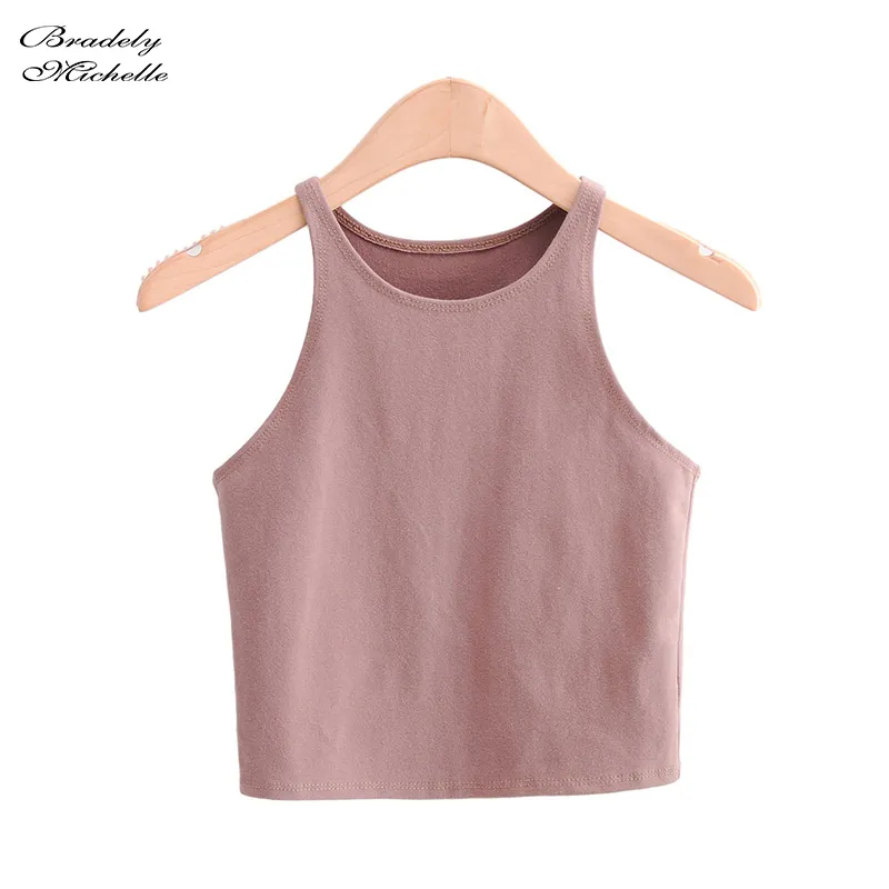 Bradely Michelle Sommer Sexy Damen Streetwear Crop Top Elastische Baumwolle Ärmellose Oansatz Solide Kurztank Bar 210322