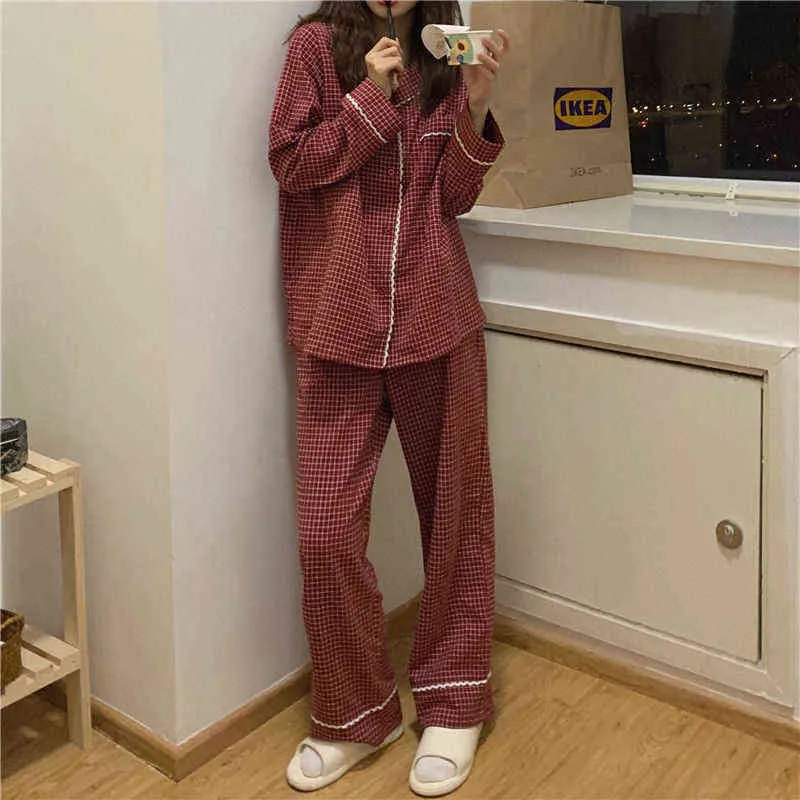 Pyjama japonais femmes à manches longues automne hiver ensemble de vêtements de nuit rouge à carreaux pyjamas filles maison vêtements pour femme Homewear 211215