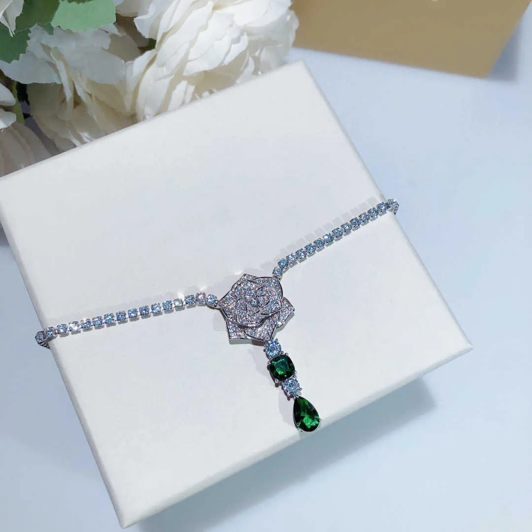 Märke ren 925 sterling silver smycken för kvinnor roshänge halsband grön ädelsten vatten dropp design fin lyx kvalitet1468678