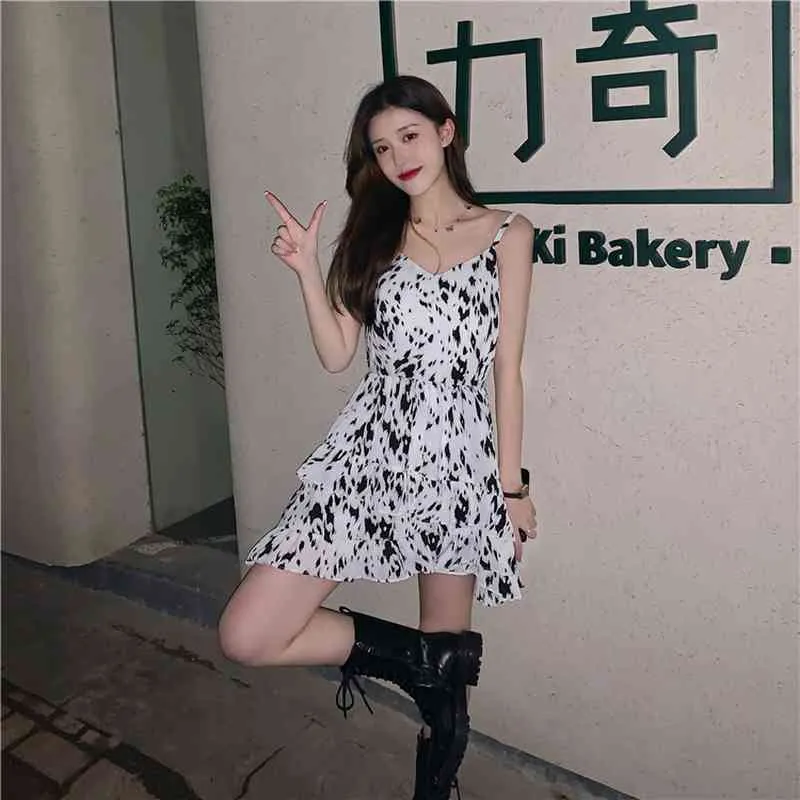 Kimutomo Sanfte Rüschen Print Kleid Weiblichen Koreanischen Stil Sommer Mädchen Süße V-ausschnitt Schlanke Taille Spaghetti Strap Vestidos 210521