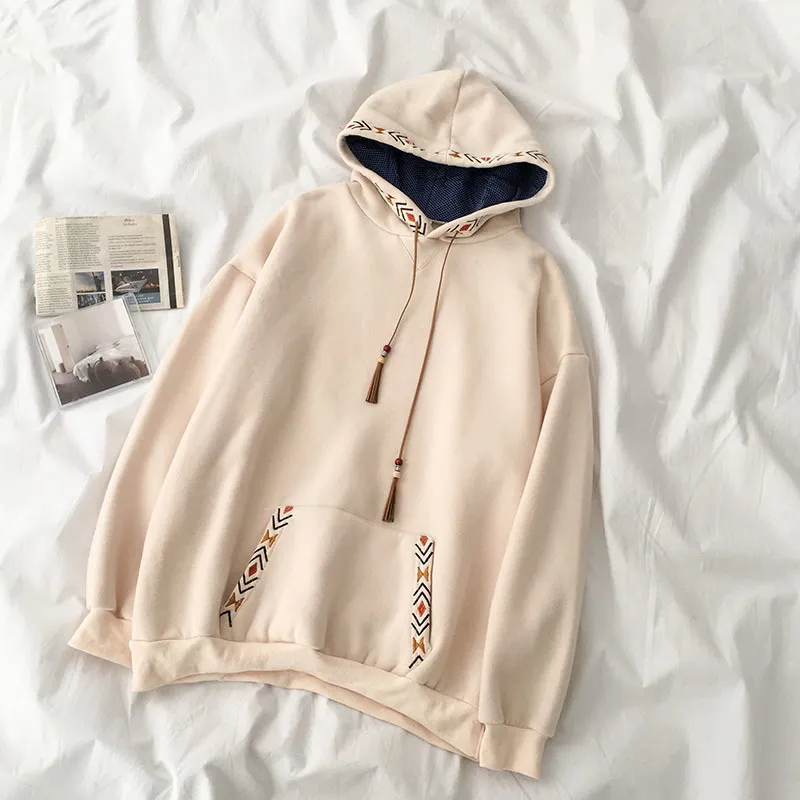 Kimutomo Fashion Spring Embroidery Hoodies Women Long Sleeve Solid Pocket Pullovers Ladies Outwear Casual Korean Chic 210521