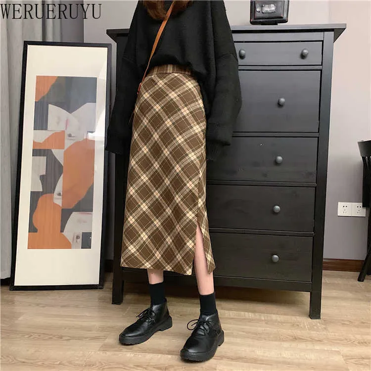 Werueruyu Vinterförtjockning Ullblandning Split Mid Plaid Skirt Cashmere Warm Hip Slim Mid-Calf Stickar Kjolar 210608