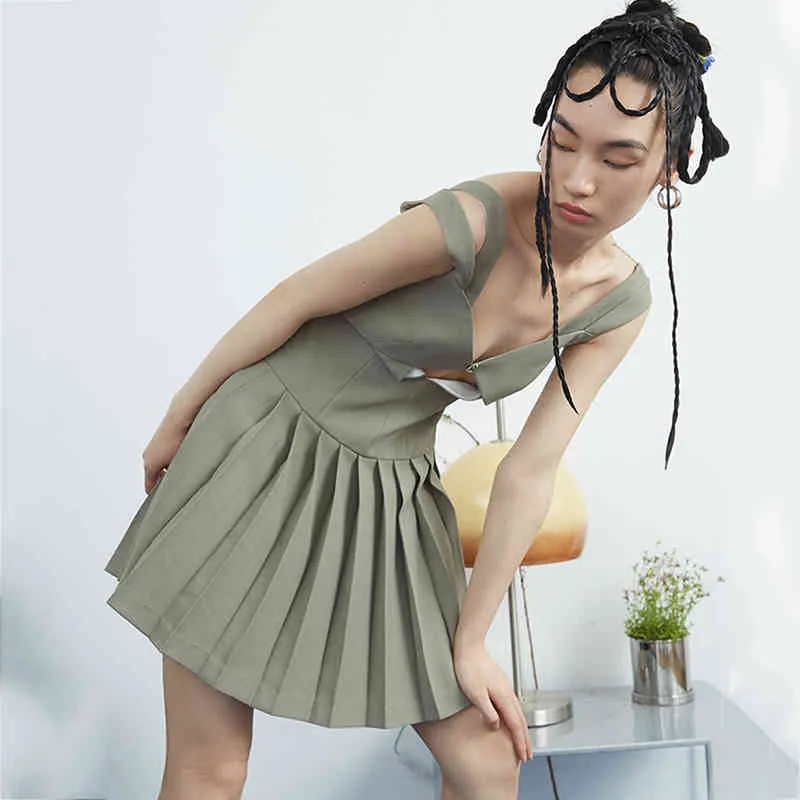 [Eam] Kvinnor Grön Pläterad Hollow Out Slim Dress V-Neck Spaghetti Strap Loose Fit Fashion Spring Summer 1DD7062 21512