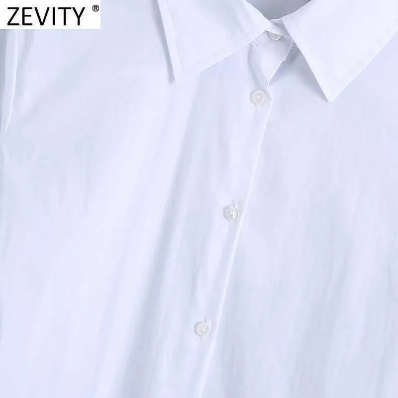 Zevity Women Basic Slå ner Krage Casual Vit Blus Damer Business Poplin Shirts Chic Femme Breasted Blusas Tops LS7542 210603