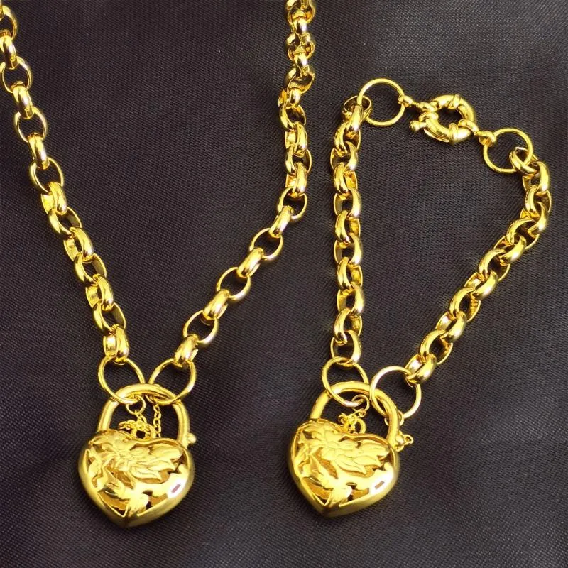 Yellow Gold Vacuum Plating Heart Belcher Padlock Pendant Necklace & Bracelet For Women Necklaces2915