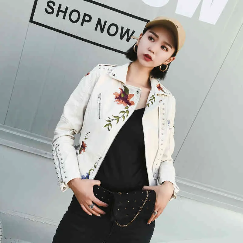 Frauen Fashion Floral Print Stickerei PU Leder Jacke Mantel Turndown Kragen Streetwear Motorrad Schwarz Punk Oberbekleidung 210430