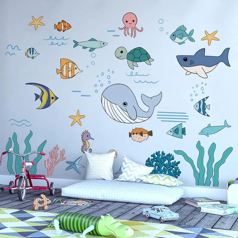 Наклейки на стену, наклейки с океанскими рыбами и животными, сделай сам, водоросли, кораллы, наклейки для детской комнаты, детской спальни, ванной комнаты, украшения дома, аксессуары2525