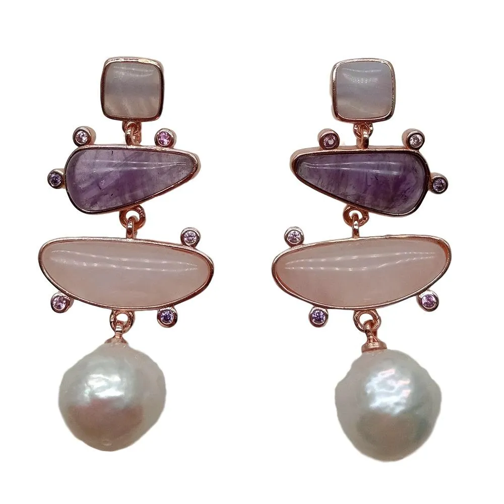 Boucles d'oreilles à tige en perles Edison blanches naturelles, calcédoine bleue, améthyste, quartz Rose, plaqué or Rose géométrique